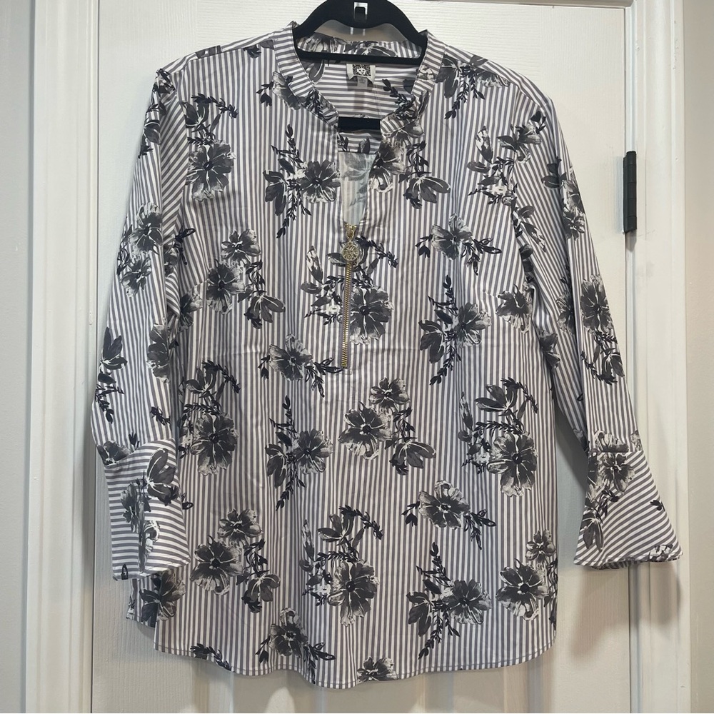 Anne Klein Black Floral Striped Blouse NWT
